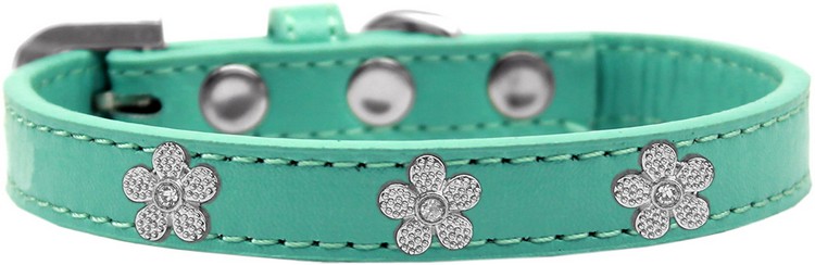 Silver Flower Widget Dog Collar Aqua Size 10